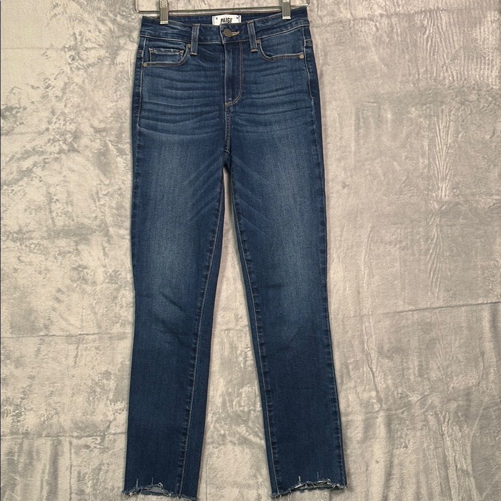 Paige Medium Wash Denim Jeans Hoxton Slim Raw Edge Hem Ankles Size 24